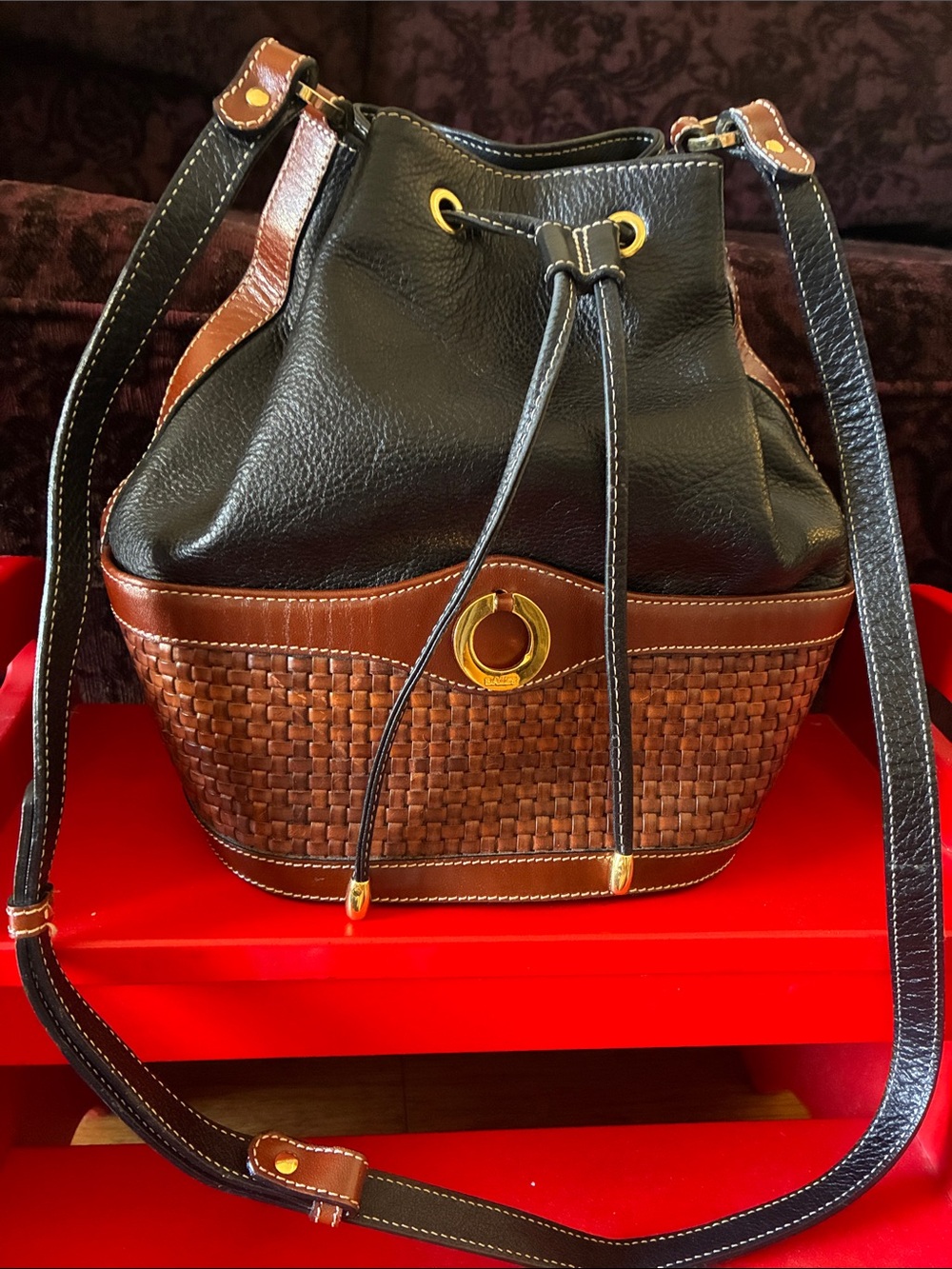 BALLY Black and Brown Leather Drawstring Bucket Bag handbag